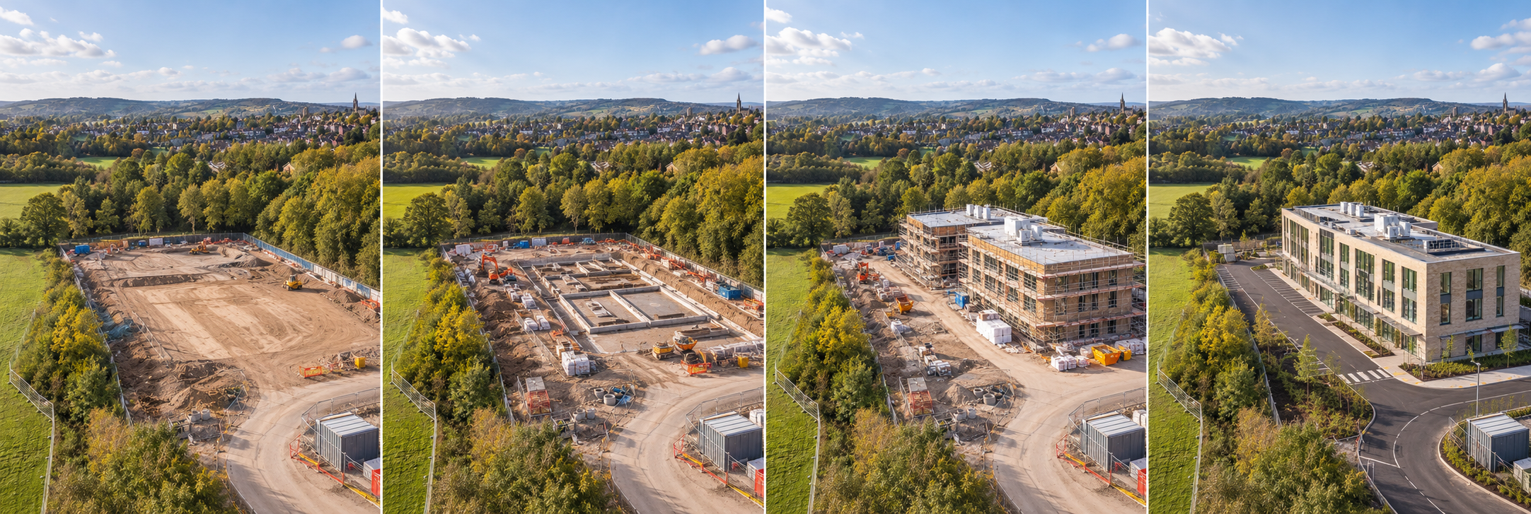 Concept illustration of one construction site at four stages, from cleared ground to completed building