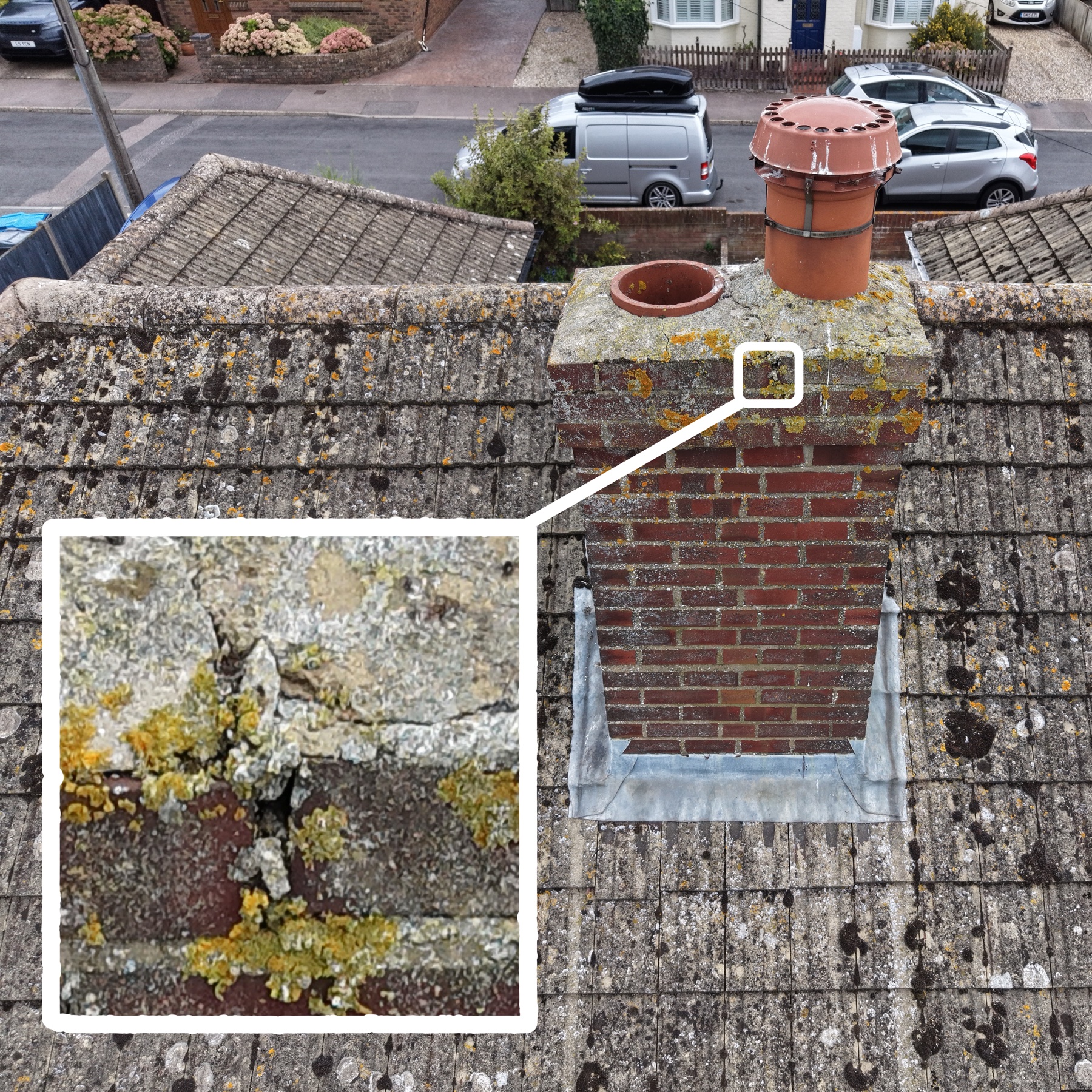 Actual Highframe inspection image with a white callout showing chimney brickwork detail