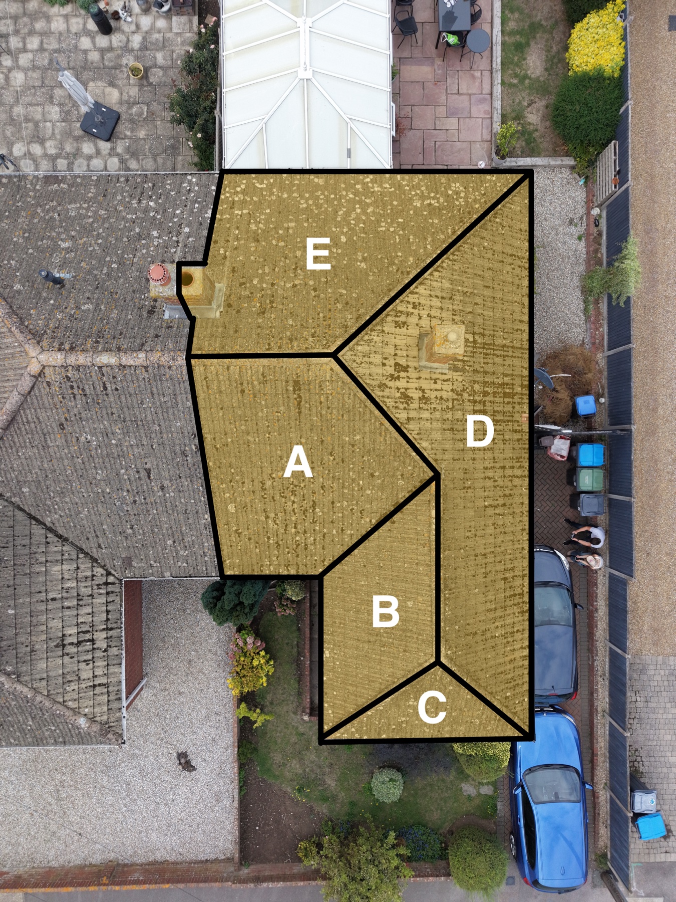 Top-down Highframe roof inspection photograph with yellow roof segments labelled A to E